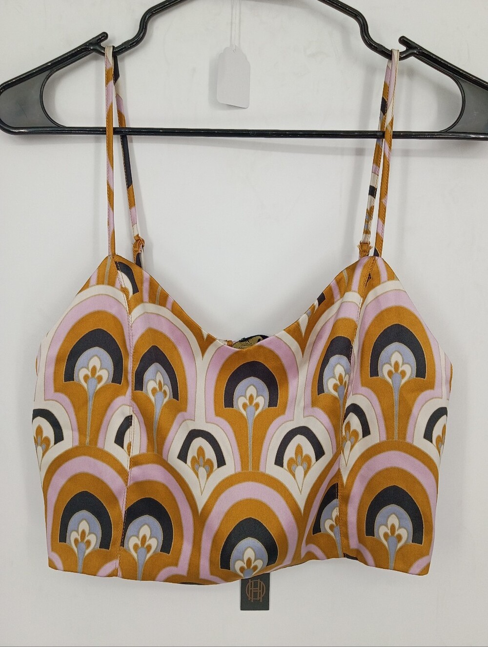 House of Harlow 1960 Mustard, Pink& Black Retro Geo Satin Cami Crop Top Size Med
